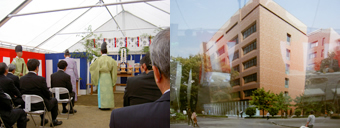 Left: A Shinto ritual by a priest, Right: A panel of the architect’s conception