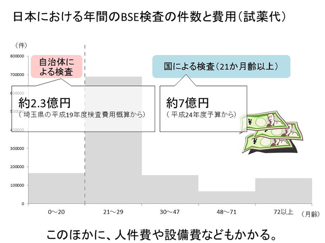 日本における年間のBSE検査の件数と費用（試薬代）