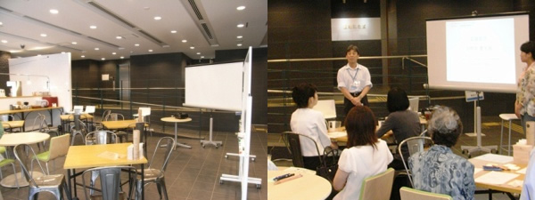 (左)　会場はフードサイエンス棟のカフェ　(右)　関崎先生から始まりのあいさつ
